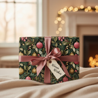 Elegant Christmas gift wrap with vintage floral and bauble pattern, dark green background, pink ribbon, and "Warm Wishes" tag.