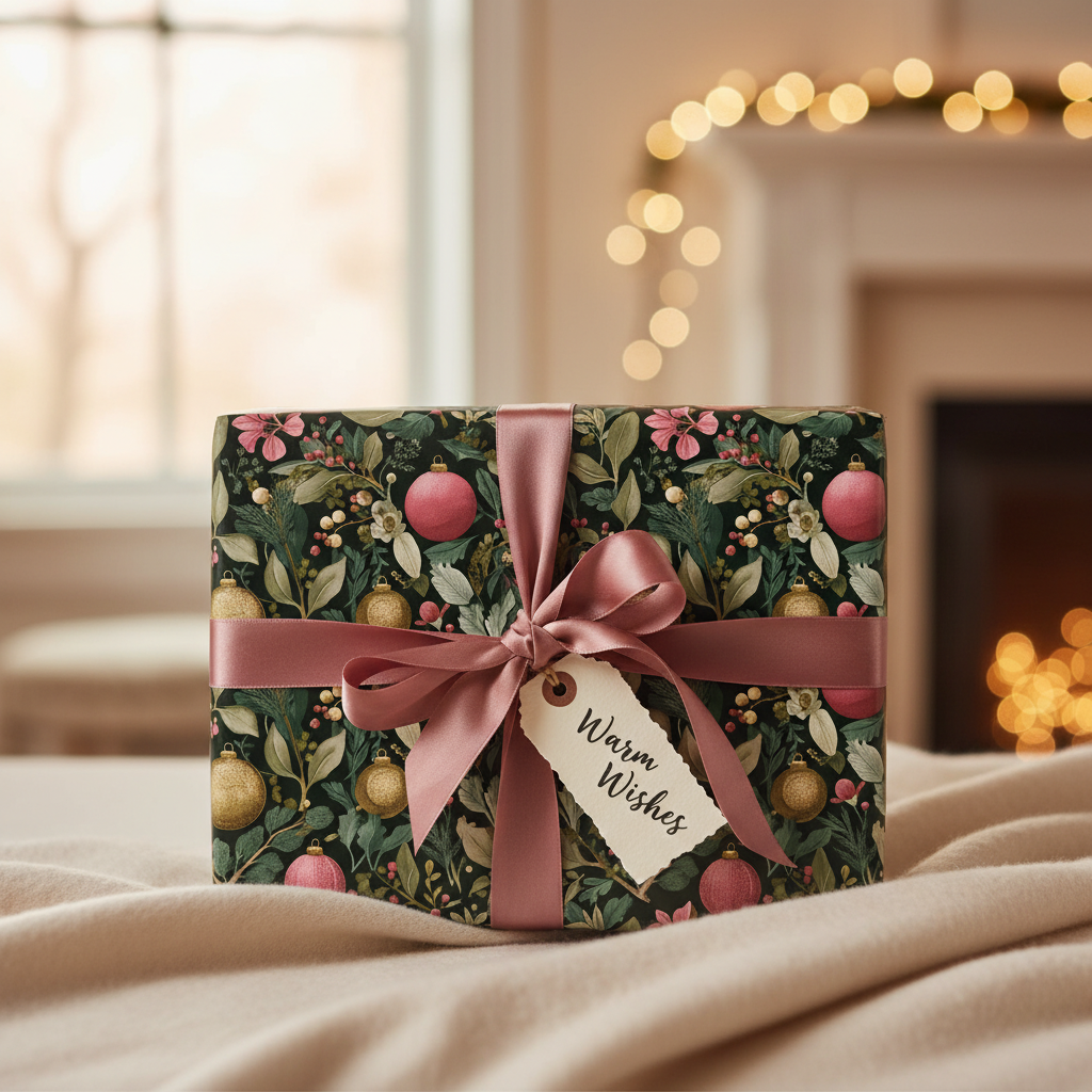 Elegant Christmas gift wrap with vintage floral and bauble pattern, dark green background, pink ribbon, and "Warm Wishes" tag.
