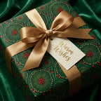 Luxury green floral Christmas wrapping paper with gold satin bow and holiday tag by Wrapped Studios.