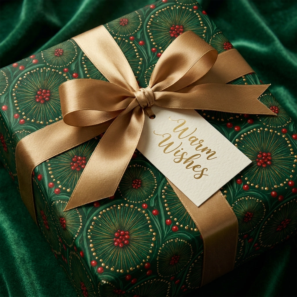 Luxury green floral Christmas wrapping paper with gold satin bow and holiday tag by Wrapped Studios.