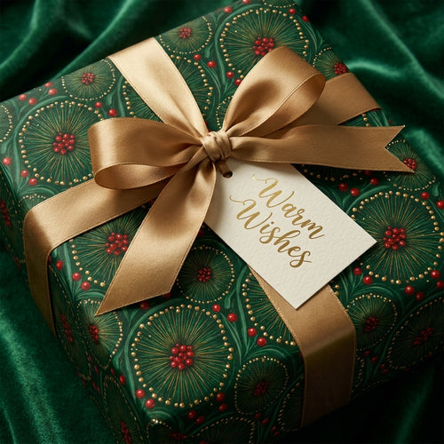 Luxury green floral Christmas wrapping paper with gold satin bow and holiday tag by Wrapped Studios.