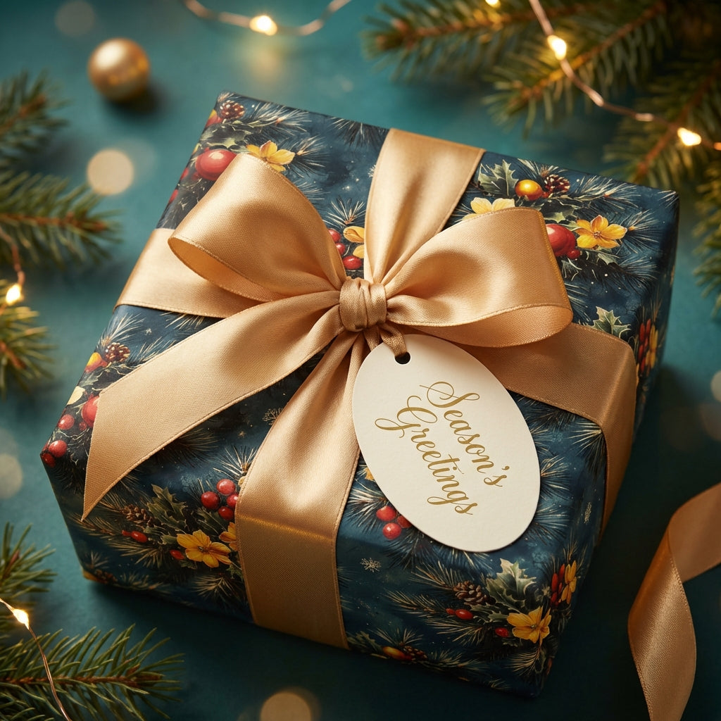 Elegant Christmas gift wrap with gold ribbon bow and "Season's Greetings" tag.
