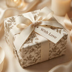 Luxury vintage botanical wrapping paper with cream bow and 'With Love' gift tag by Wrapped Studios.