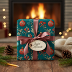 Luxury Christmas wrapping paper with a festive ornament and botanical pattern, tied with a satin ribbon, on a cozy fireplace hearth.