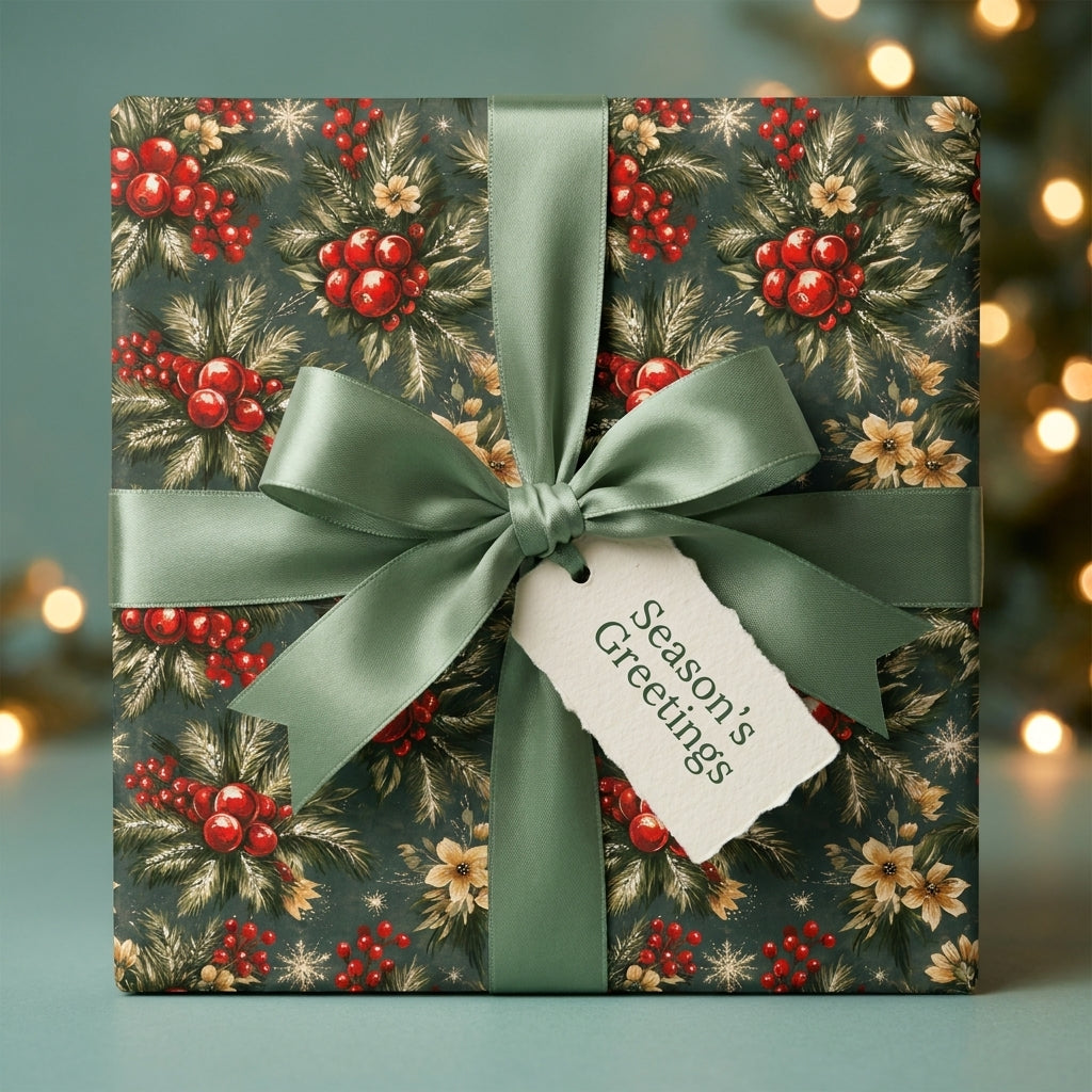 Elegant Christmas wrapping paper with red berries and pine, tied with a sage green ribbon by Wrapped Studios.