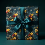 Elegant floral Christmas wrapping paper with teal ribbon.