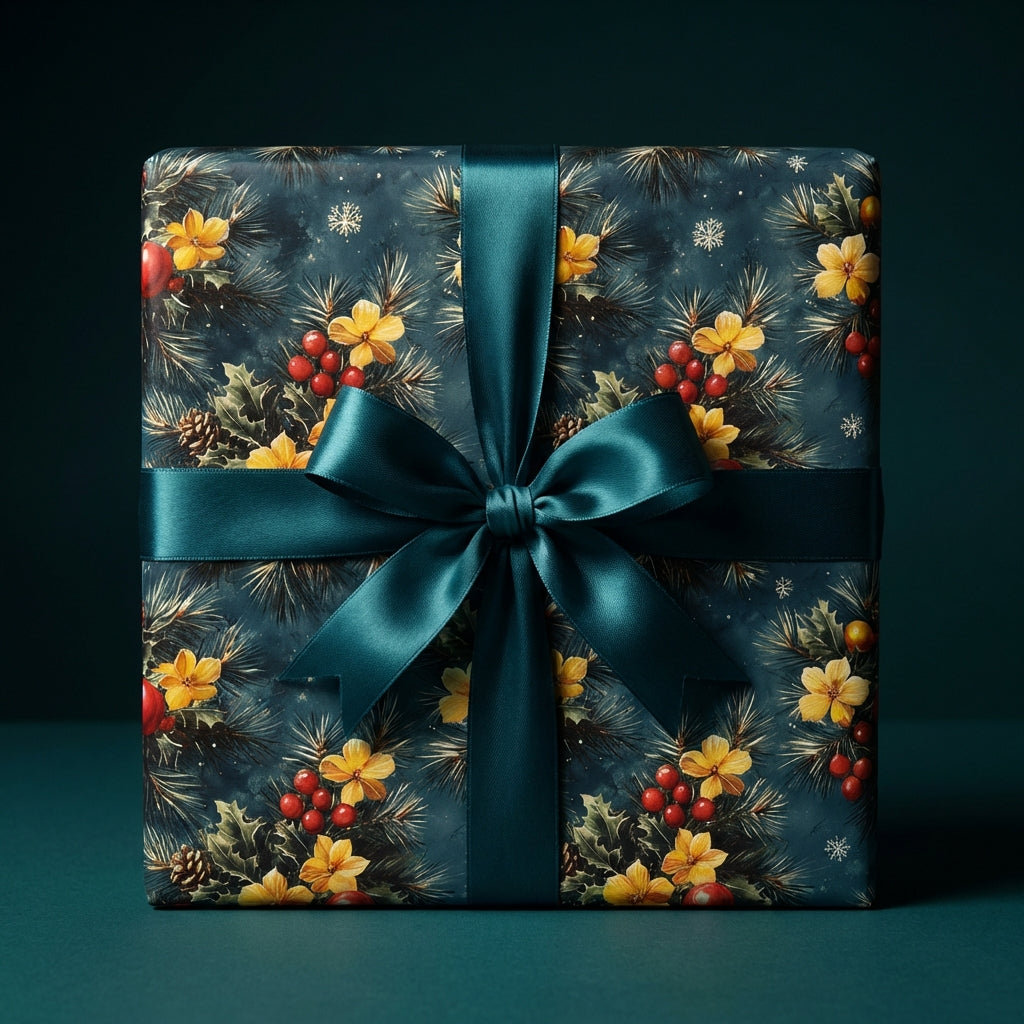 Elegant floral Christmas wrapping paper with teal ribbon.
