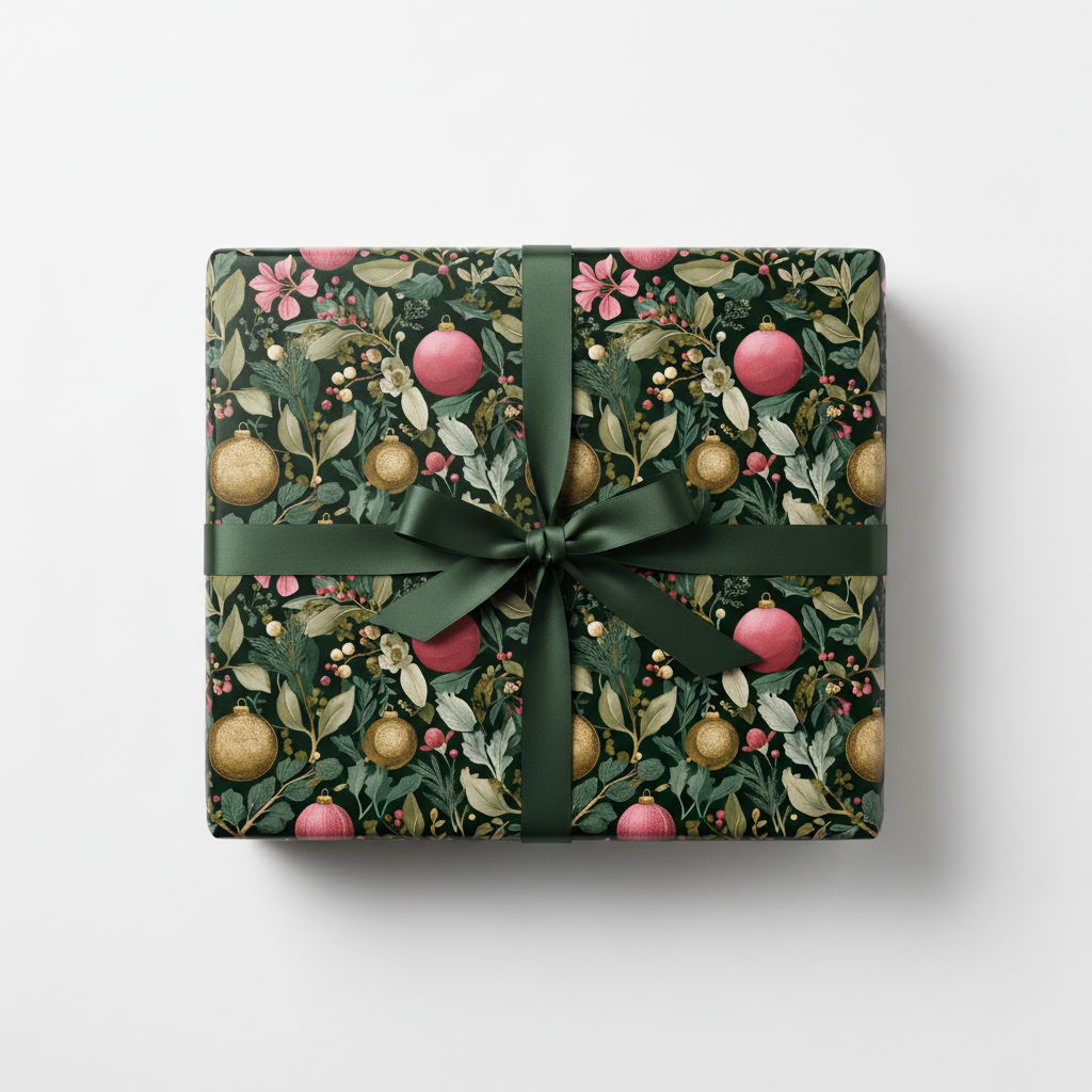 Elegant Christmas gift wrap with vintage botanical holly, berries, and ornaments on a dark background, tied with a deep green satin ribbon.