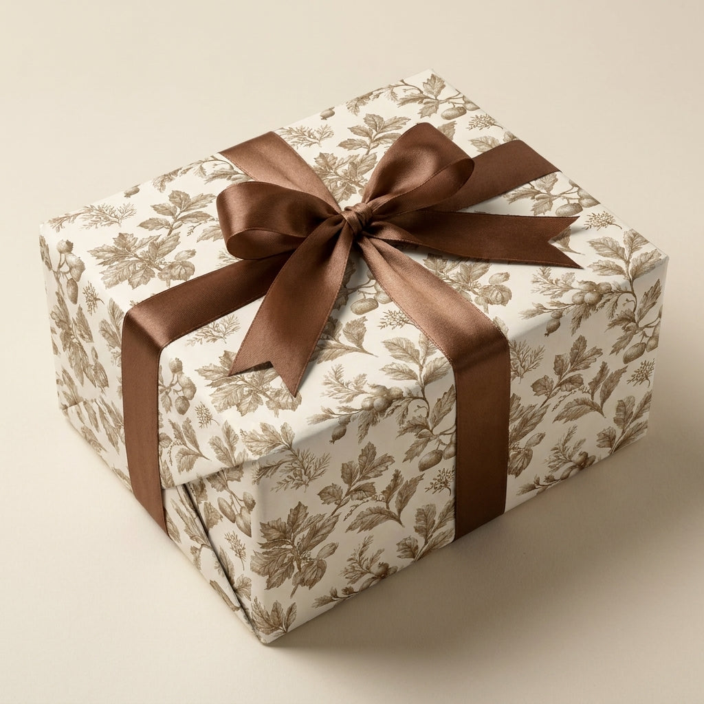 Vintage botanical wrapping paper with acorns and a brown satin ribbon bow by Wrapped Studios.