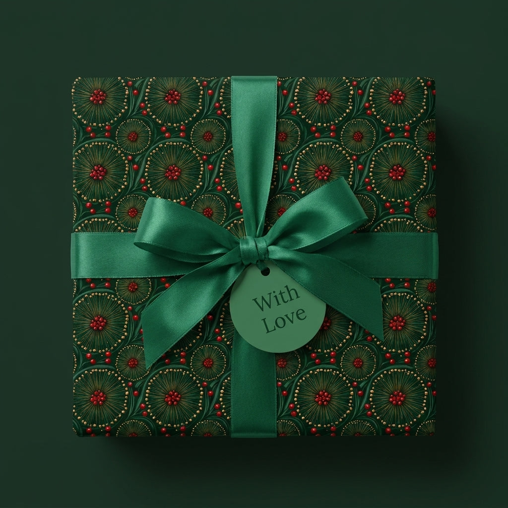 Luxury green floral Christmas wrapping paper by Wrapped Studios, tied with a satin bow and "With Love" tag.