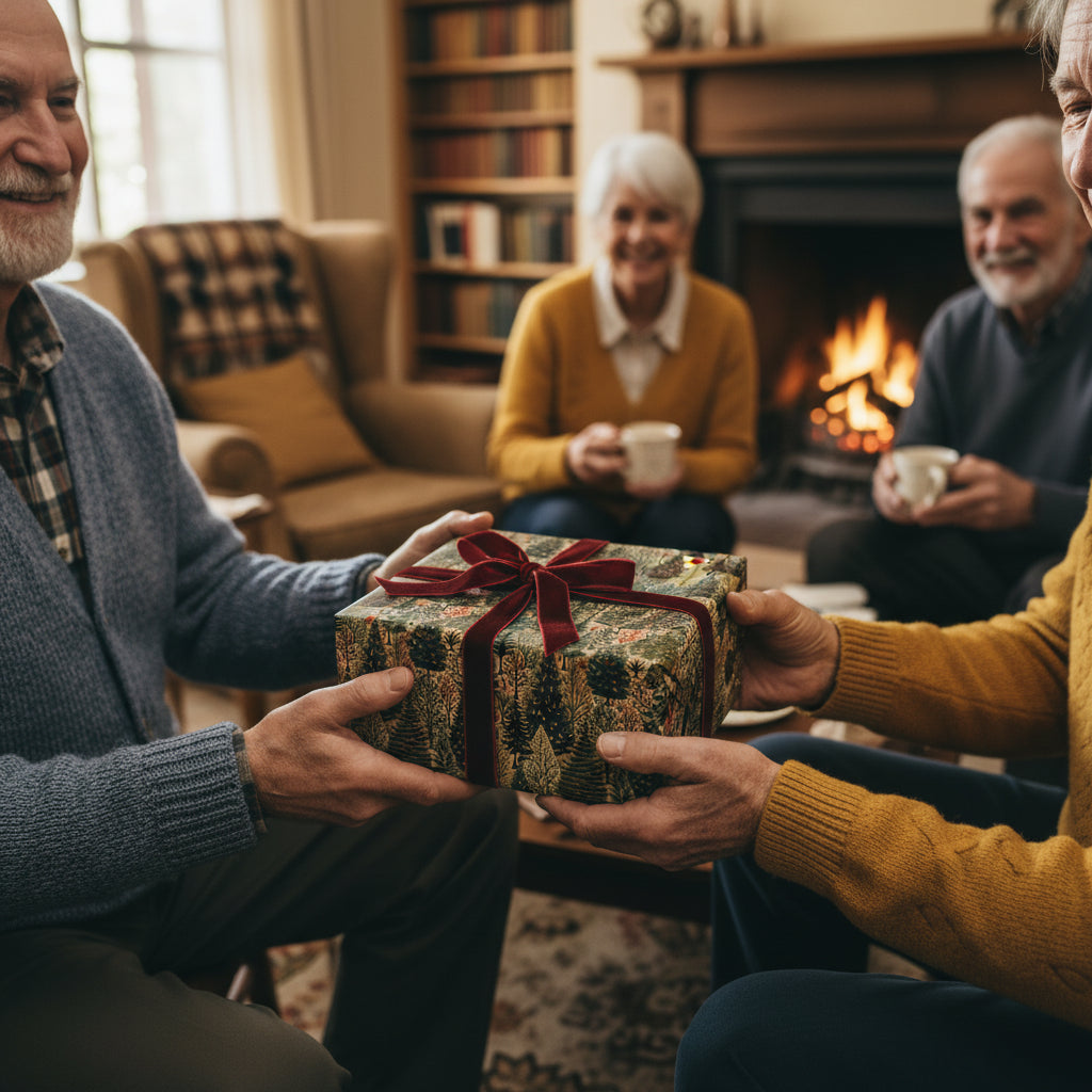 Family exchanging a gift wrapped in luxury Christmas gift wrap with a red velvet ribbon, near a fireplace.