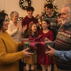 Elegant Christmas gift exchange with family; a woman gives a man a present wrapped in dark floral paper with a luxurious deep red ribbon.