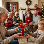 Family exchanging Christmas gift wrapped in floral holiday wrapping paper with red ribbon.