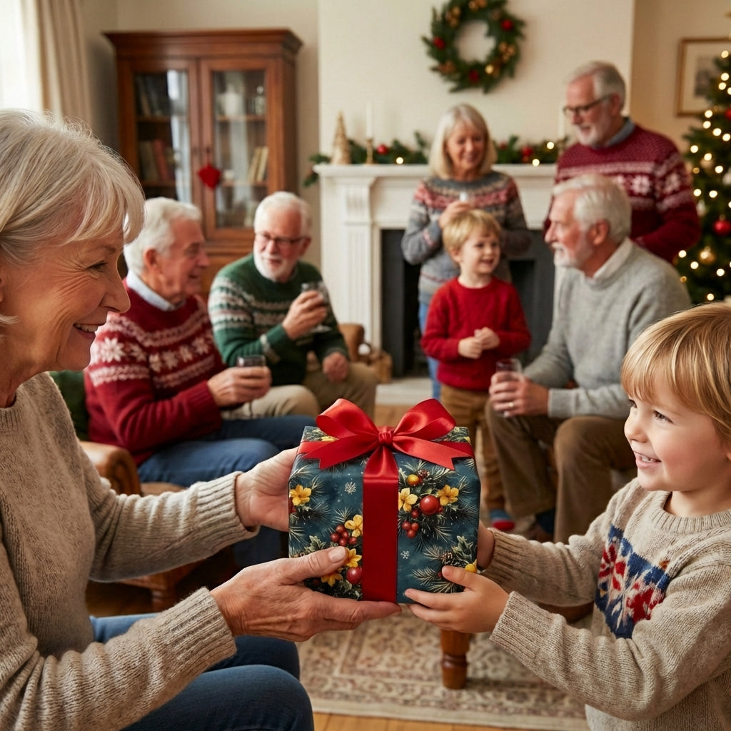 Family exchanging Christmas gift wrapped in floral holiday wrapping paper with red ribbon.