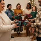 Diverse friends exchange holiday gifts, featuring elegant teal Christmas wrapping paper with berry and ornament patterns, tied with a deep red velvet ribbon.