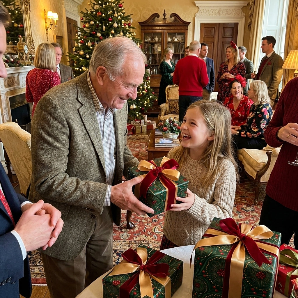 Girl receives a gift in luxury green Christmas wrapping paper with a red bow by Wrapped Studios.