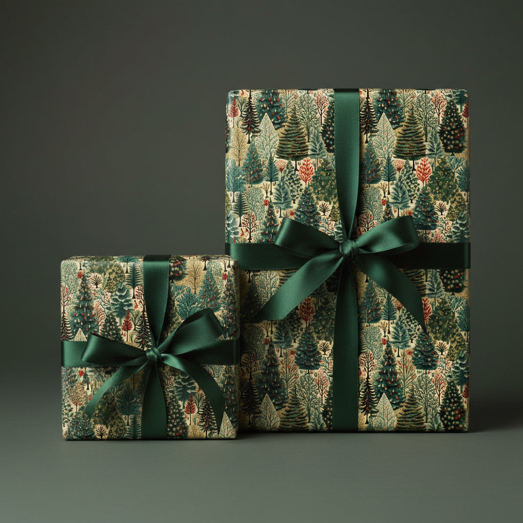 Two gifts wrapped in forest-themed Christmas wrapping paper with green ribbon.