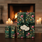 Luxury Christmas gift wrap with a dark floral and ornament pattern, deep green ribbon, and heart tags, set by a warm fireplace.