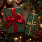 Luxury green and gold Christmas gift wrap with a red satin ribbon on a wood background by Wrapped Studios.