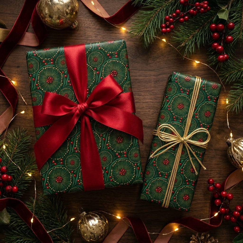 Luxury green and gold Christmas gift wrap with a red satin ribbon on a wood background by Wrapped Studios.