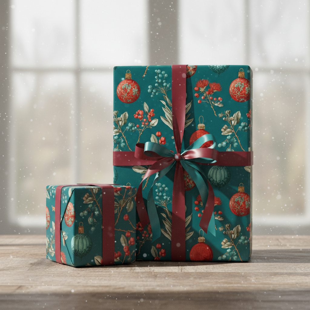 Festive Christmas gift wrap in teal and burgundy with a winter botanical and bauble pattern, tied with a satin ribbon.