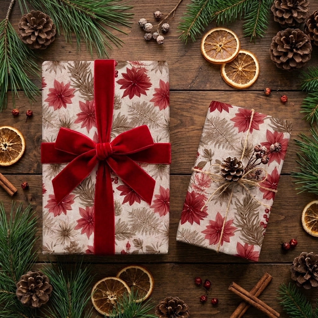 Vintage floral Christmas wrapping paper with red poinsettias and velvet ribbon by Wrapped Studios.