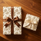Vintage botanical wrapping paper on gift boxes with elegant satin bows by Wrapped Studios.