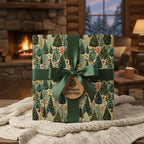 Christmas gift wrapped in elegant forest tree wrapping paper with green ribbon and "Seasons Greetings" tag.
