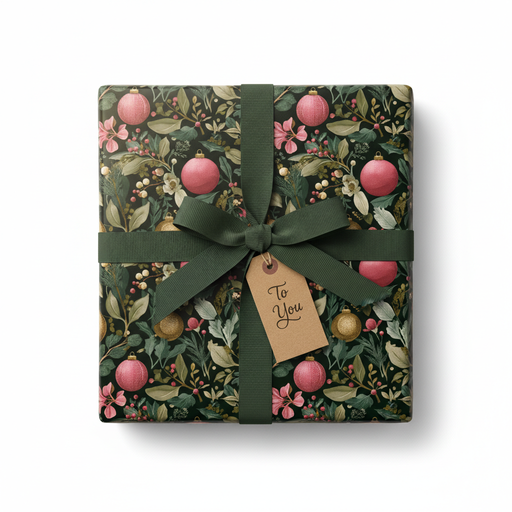 Elegant Christmas gift wrap featuring a dark botanical pattern with pink and gold ornaments, tied with a deep green ribbon and "To You" tag.