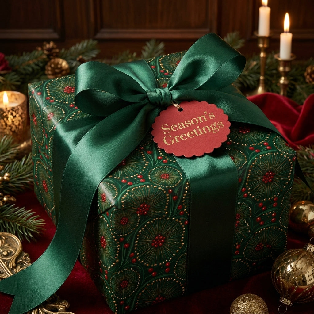 Luxury Christmas wrapping paper in elegant dark green with satin bow and Season's Greetings tag by Wrapped Studios.