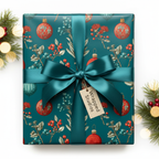 Luxury Christmas wrapping paper with vintage floral and ornament pattern, teal ribbon, and gift tag.