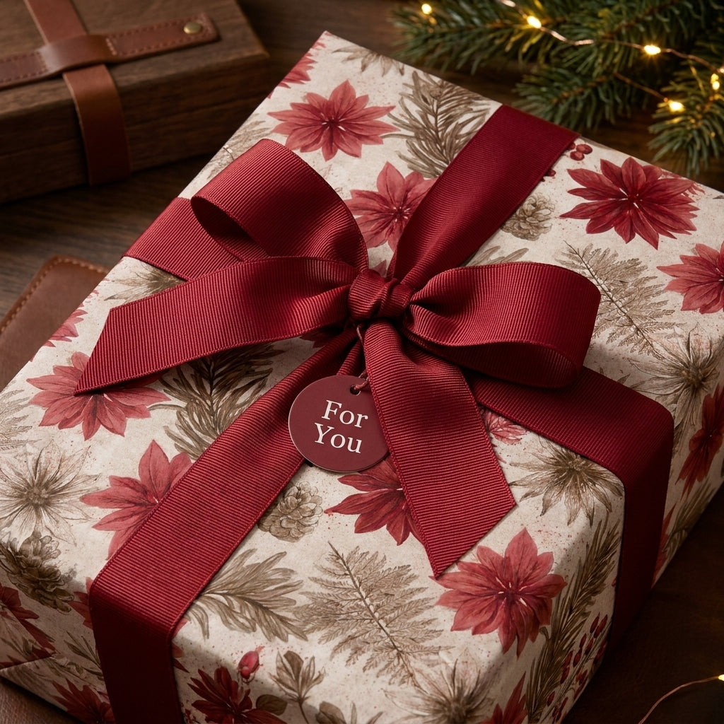Vintage Christmas wrapping paper with red poinsettias and a burgundy bow. Luxury gift wrap by Wrapped Studios.