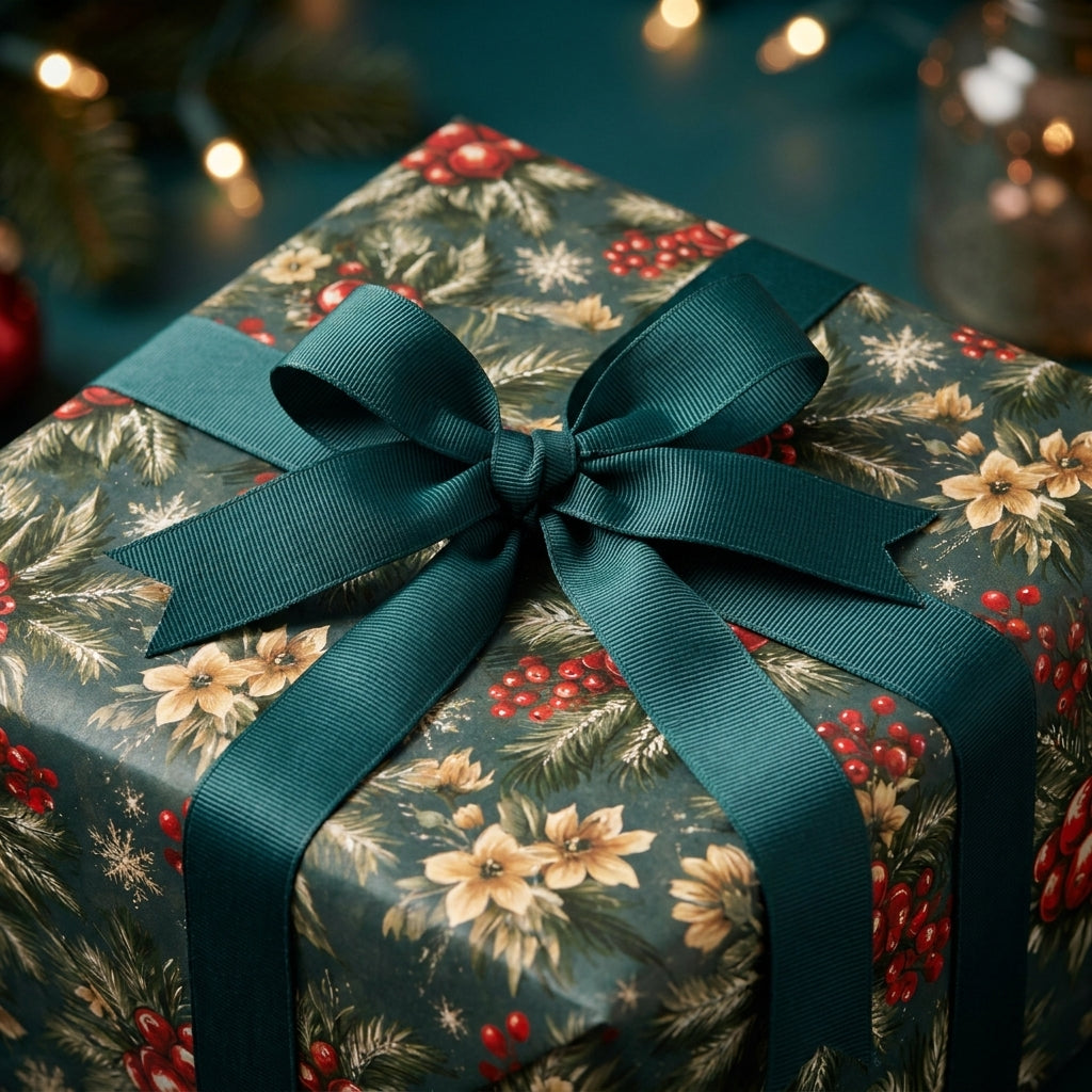 Luxury Christmas wrapping paper with elegant floral pattern and teal ribbon bow by Wrapped Studios.