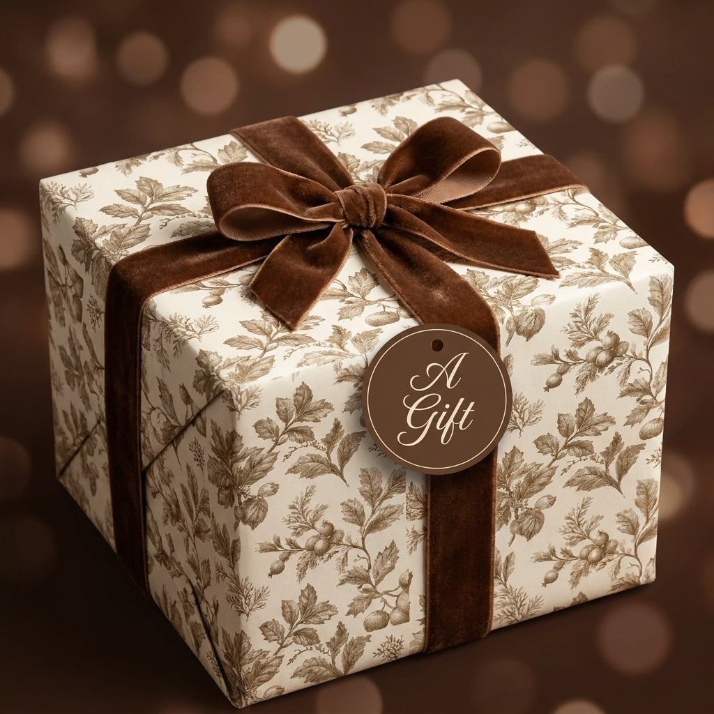 Vintage botanical wrapping paper with a luxury brown velvet bow on a holiday gift box by Wrapped Studios.