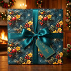 Elegant floral Christmas gift wrap with teal ribbon and tag.