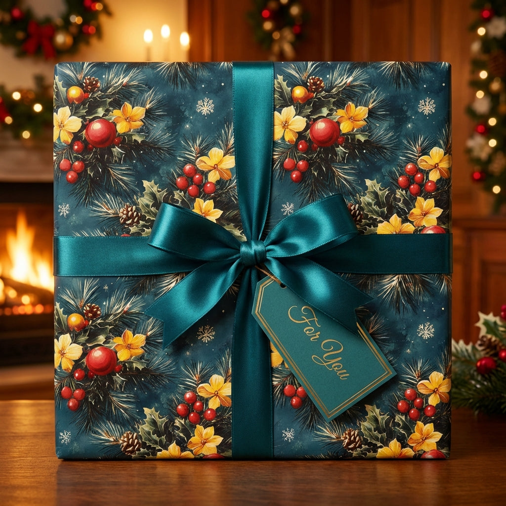 Elegant floral Christmas gift wrap with teal ribbon and tag.