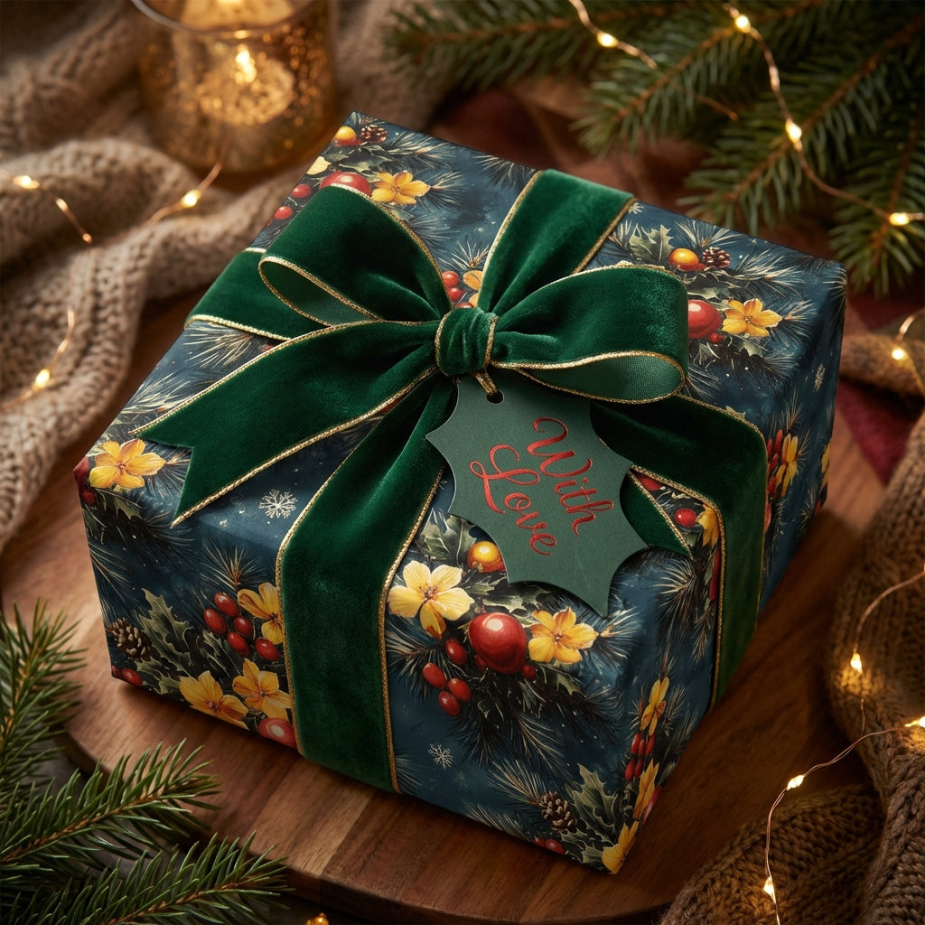 Elegant Christmas gift wrap with floral design and green velvet ribbon.