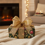 Elegant Christmas gift wrapped in dark floral and berry paper with a luxurious gold ribbon, set on a cozy blanket by a fireplace.