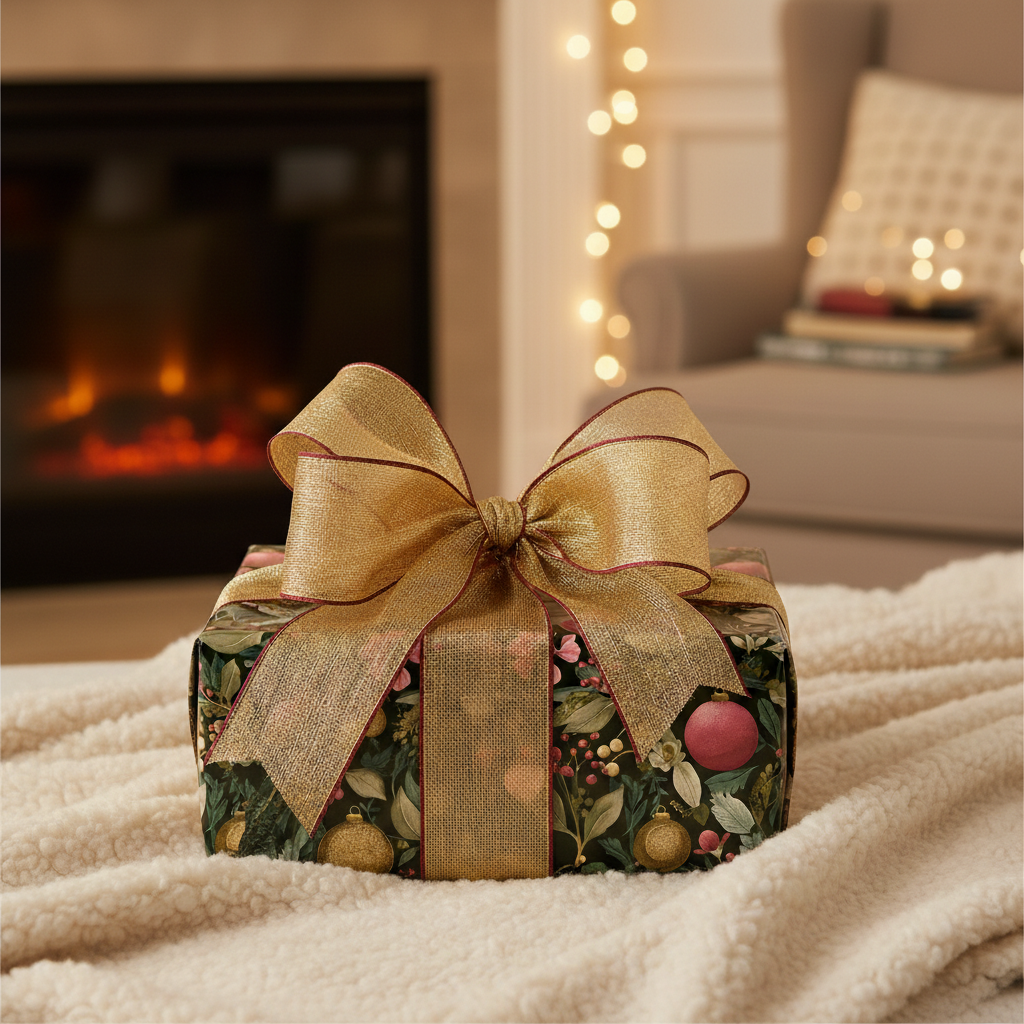 Elegant Christmas gift wrapped in dark floral and berry paper with a luxurious gold ribbon, set on a cozy blanket by a fireplace.
