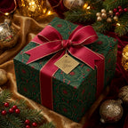 Luxury green and gold Christmas wrapping paper with a red bow and gold gift tag, by Wrapped Studios.