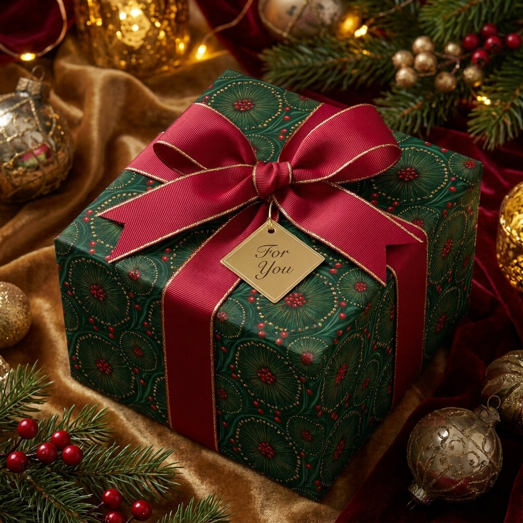 Luxury green and gold Christmas wrapping paper with a red bow and gold gift tag, by Wrapped Studios.