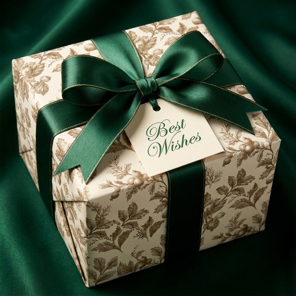 Luxury botanical wrapping paper with a green satin ribbon and Best Wishes tag by Wrapped Studios.