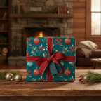 Luxury teal Christmas wrapping paper with red berries, ornaments, and floral patterns, tied with a red ribbon and tag, on a rustic wooden table by a cozy fireplace.