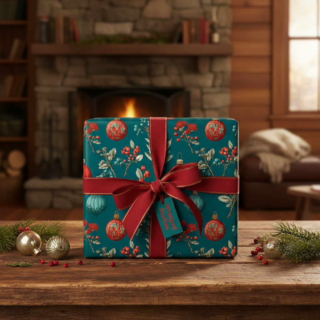 Luxury teal Christmas wrapping paper with red berries, ornaments, and floral patterns, tied with a red ribbon and tag, on a rustic wooden table by a cozy fireplace.