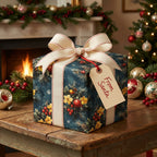 Elegant Christmas gift wrap with floral and pinecone pattern and cream ribbon. "From Santa" gift tag.