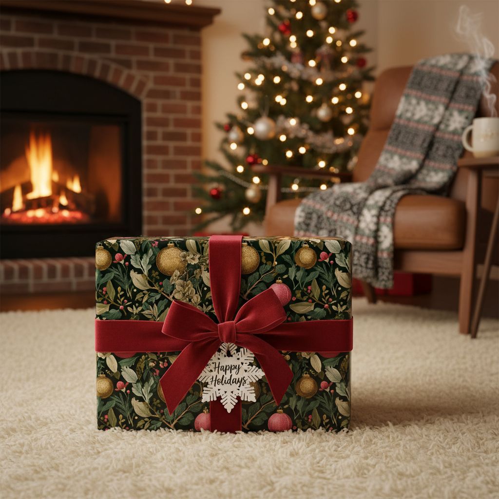 Luxury Christmas gift wrap with a dark green festive floral and ornament pattern, tied with a red velvet bow and "Happy Holidays" tag, set in a cozy holiday living room by a fireplace and lit tree.