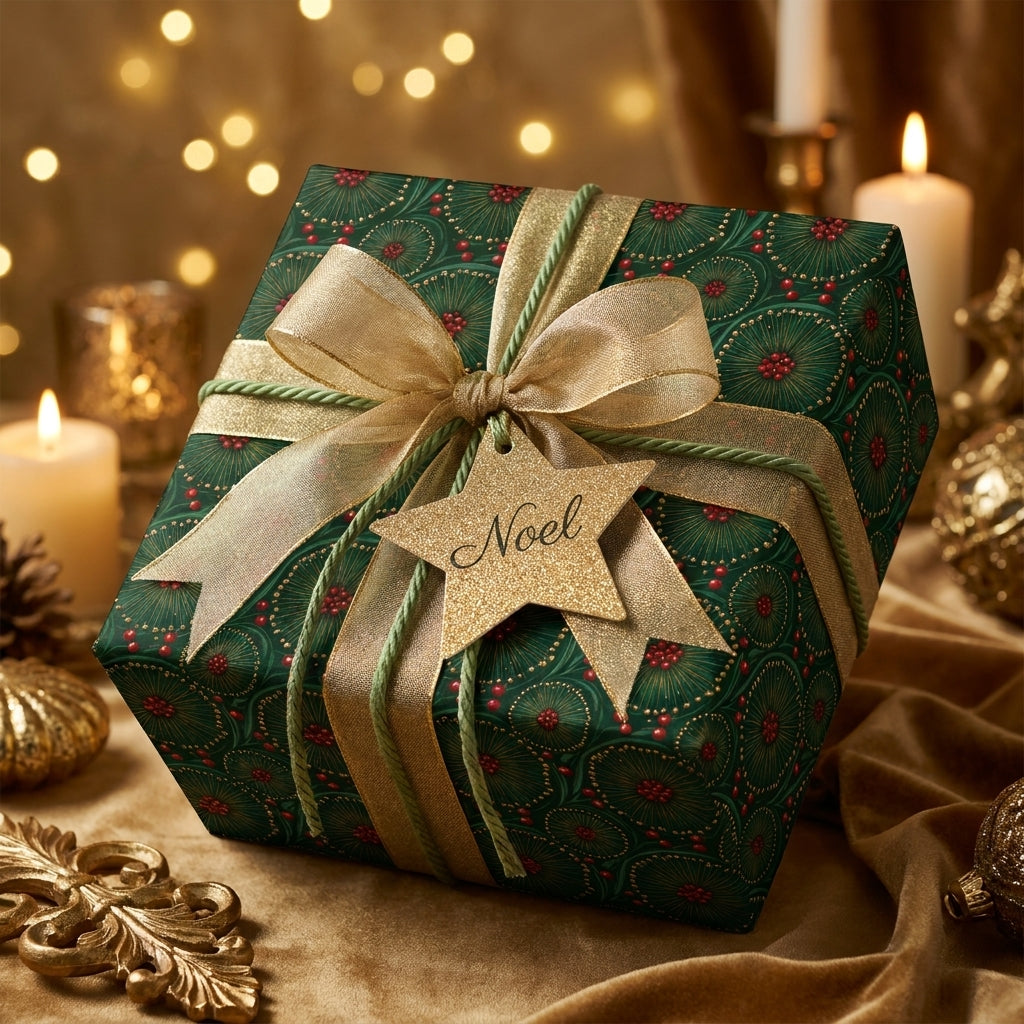Luxury green and gold Christmas wrapping paper with a gold bow and Noel tag by Wrapped Studios.