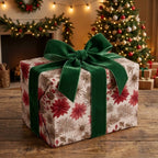 Vintage poinsettia Christmas wrapping paper with a luxury green velvet bow, by Wrapped Studios.