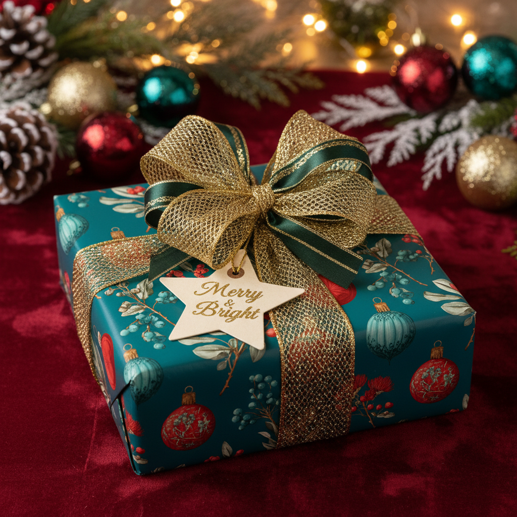 Luxury Christmas gift wrap with vintage ornament pattern, gold and green ribbon, and a "Merry & Bright" tag on a festive red velvet background.