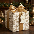 Luxury Christmas gift wrap with gold botanical pattern and satin bow by Wrapped Studios.